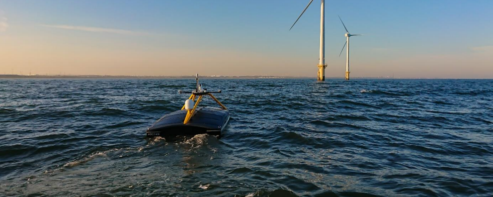XOCEAN's Uncrewed Surface Vessel near offshore wind turbines