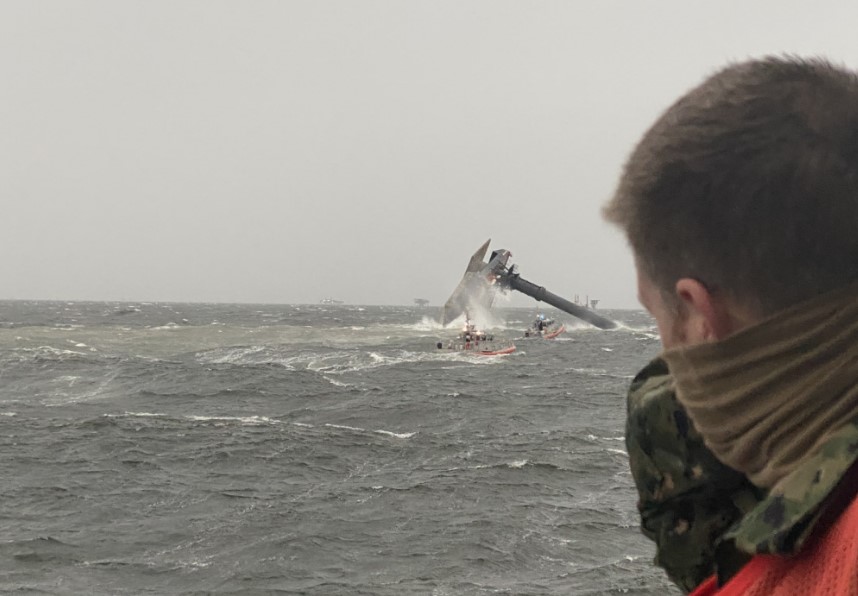 A capsized commercial liftboat