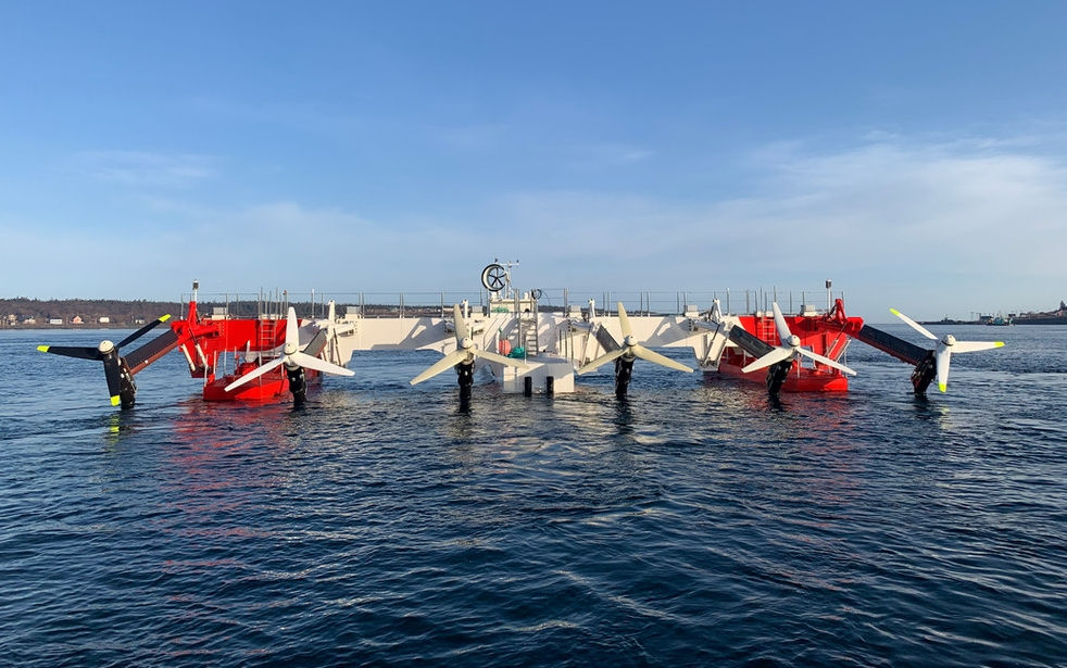 Photo showing Sustainable Marine's 420kW PLAT-I 6.40 floating tidal energy platform (Courtesy of Sustainable Marine Energy)