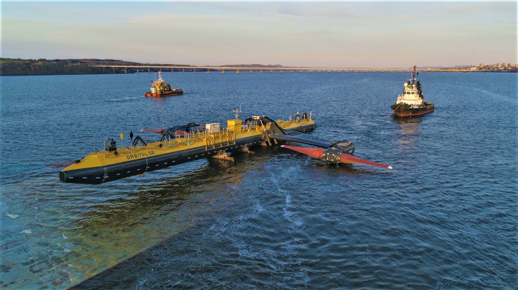 Photo of Orbital Marine's O2 floating above the barge (Courtesy of Orbital Marine Power)