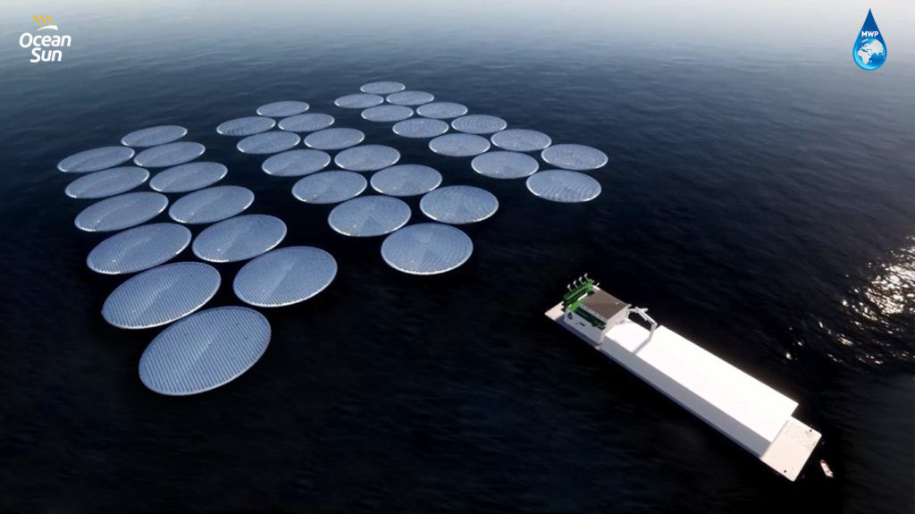 Concept for the MWP vessel with a 20MWp Ocean Sun floating solar power plant (Courtesy of MWP)