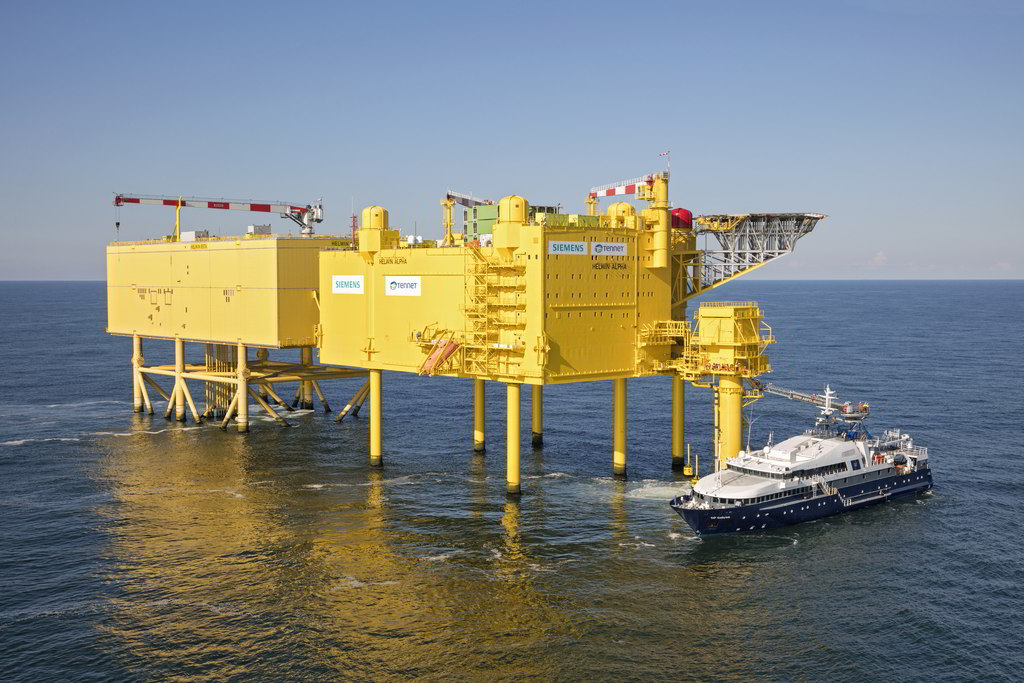 A photo of Chevalier Floatels walk-to-work vessel at TenneT's HelWin Alpha and Beta platforms in Germany