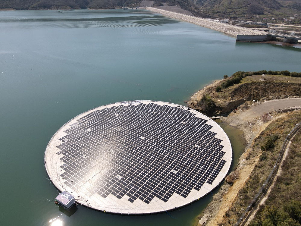 Photo showing the first of four planned floaters for Statkraft on the Banja reservoir in Albania (Courtesy of Ocean Sun)