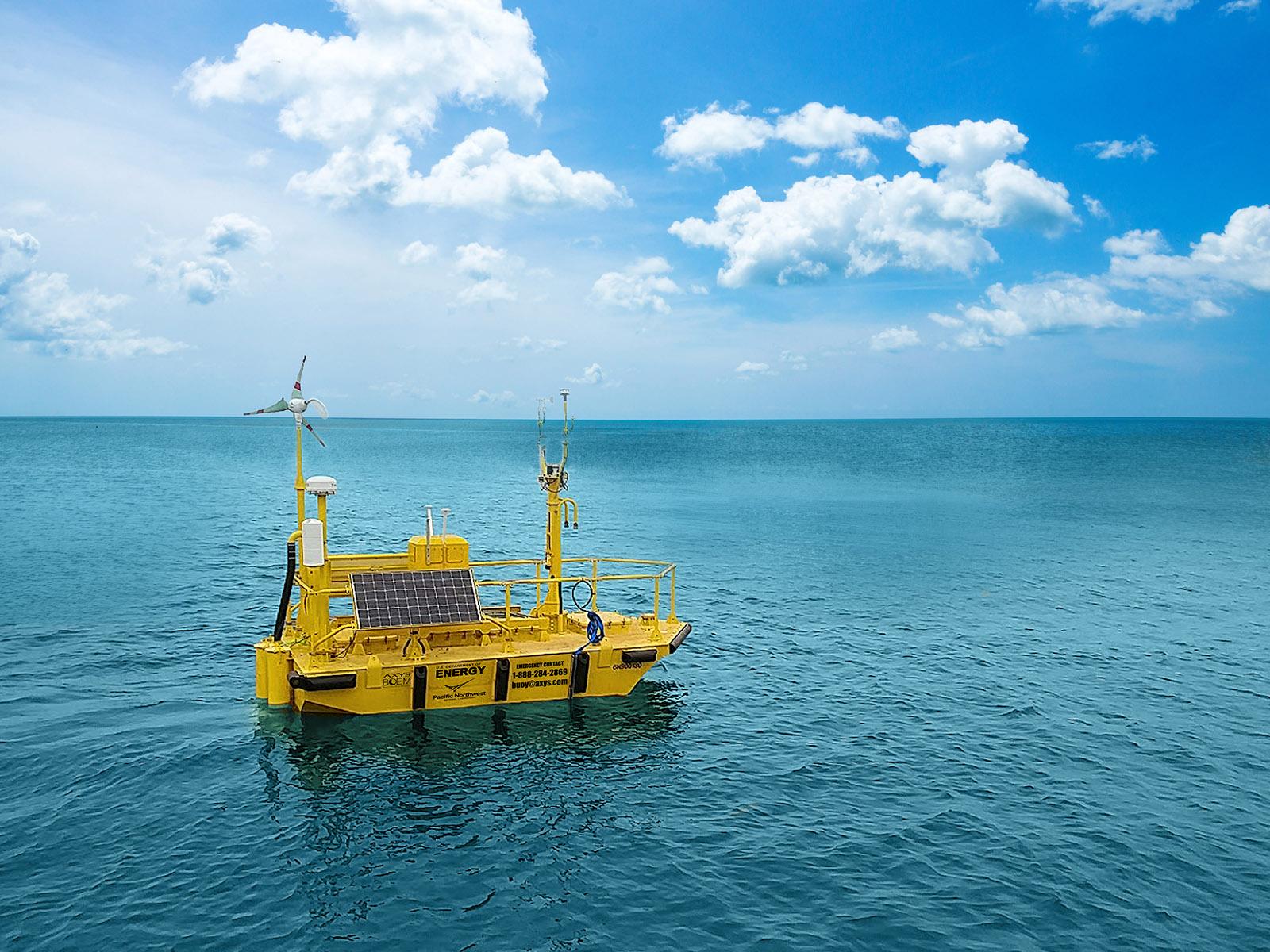 A photo of an offshore wind research buoy deployed off California