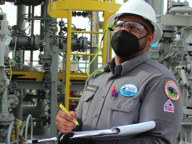 BSEE Production Engineer Marvin Montgomery, from the BSEE Houma District, inspects safety components during a pre-production inspection on the Argos