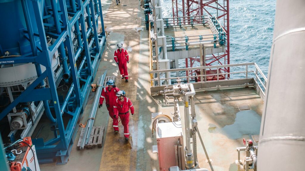 Workers on the Johan Sverdrup field centre in the North Sea