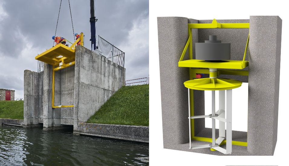 Photo showing W2E testing the installation of the mounting frame on the sluice that will house its tidal turbine (Courtesy of W2E)