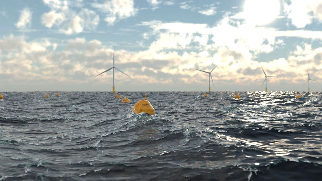 Illustration/Co-located offshore wind and wave farm (Courtesy of CorPower Ocean)