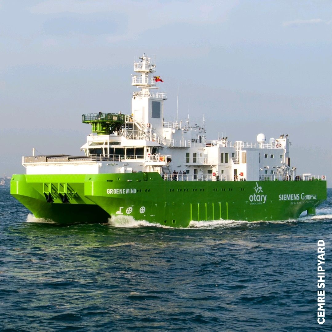 A photo of DEME's Groene Wind service operations vessel at sea