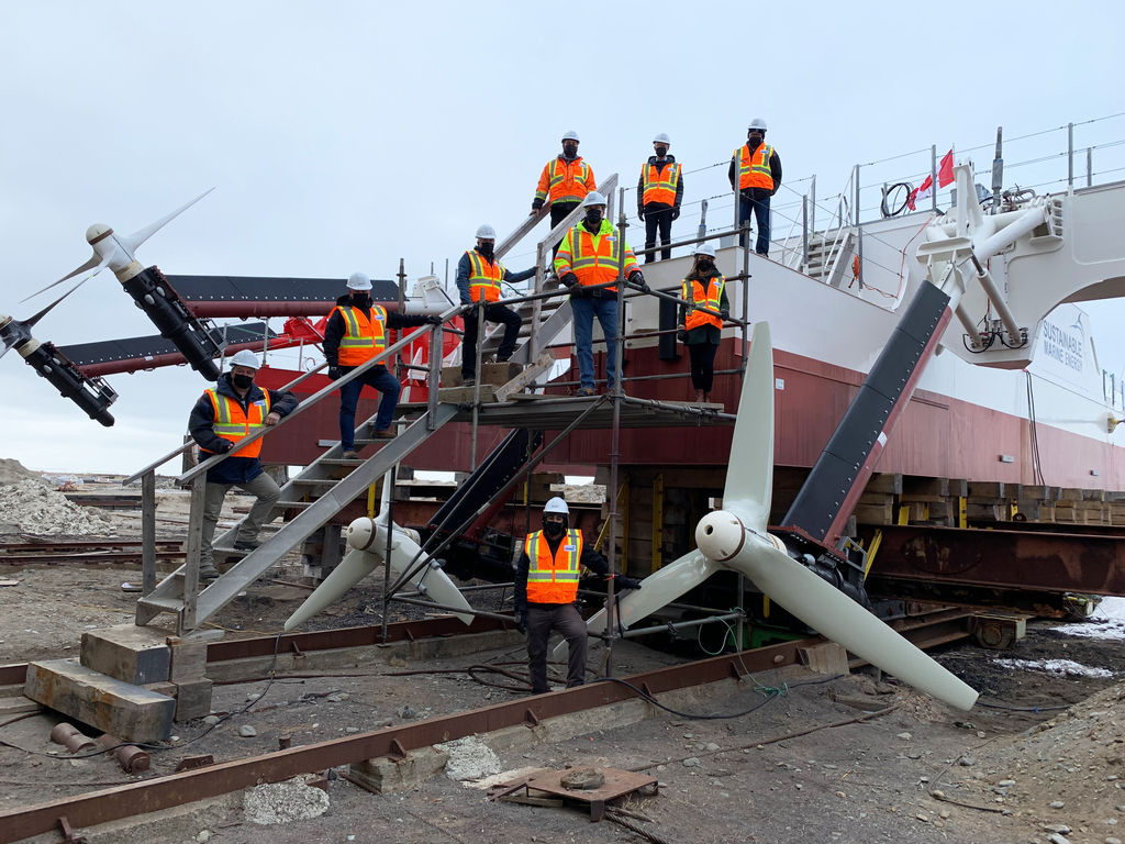 Photo showing Sustainable Marine's floating tidal energy platform PLAT-I 6.40 before the launch into Grand Passage in Canada (Courtesy of Marine Renewables Canada)