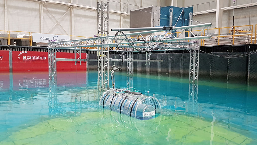 Photo showing Seaturns testing 1:10 scale wave energy model at IH Cantabria (Courtesy of Seaturns)
