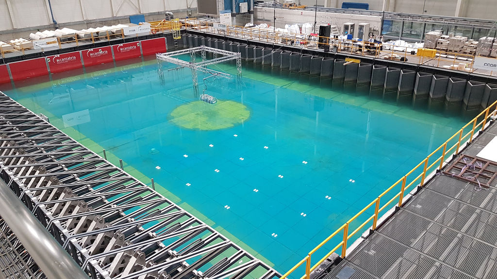 Photo showing Seaturns' prototype at IH Cantabria’s Coastal and Ocean Basin (Courtesy of Seaturns)