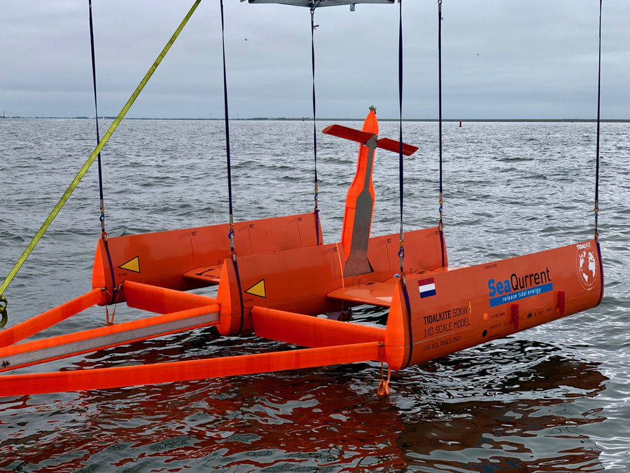 Photo showing TidalKite's 1:10 scale model previously tested in the Wadden Sea (Courtesy of SeaQurrent)