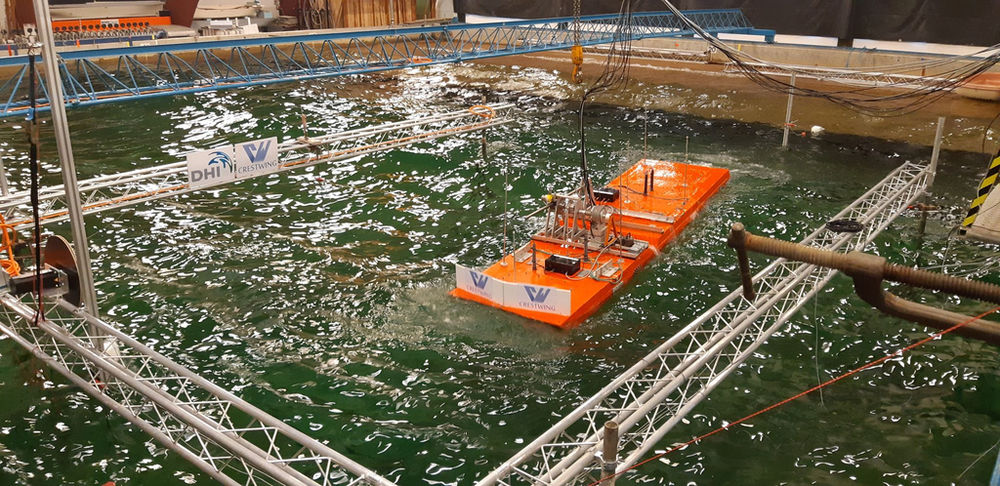 Photo showing Crestwing's wave device scale model testing at DHI (Courtesy of Crestwing)