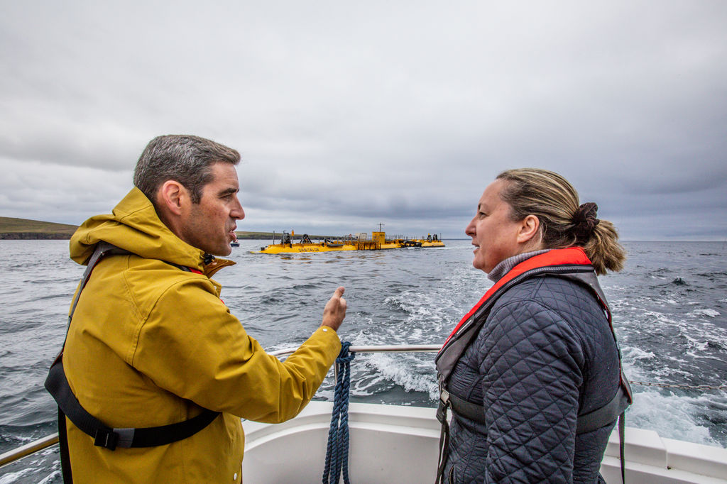 UK energy minister and Andrew Scott, Orbital CEO, viewing Orbital O2 tidal turbine at EMEC tidal test site (Courtesy of EMEC/Photo by Colin Keldie)