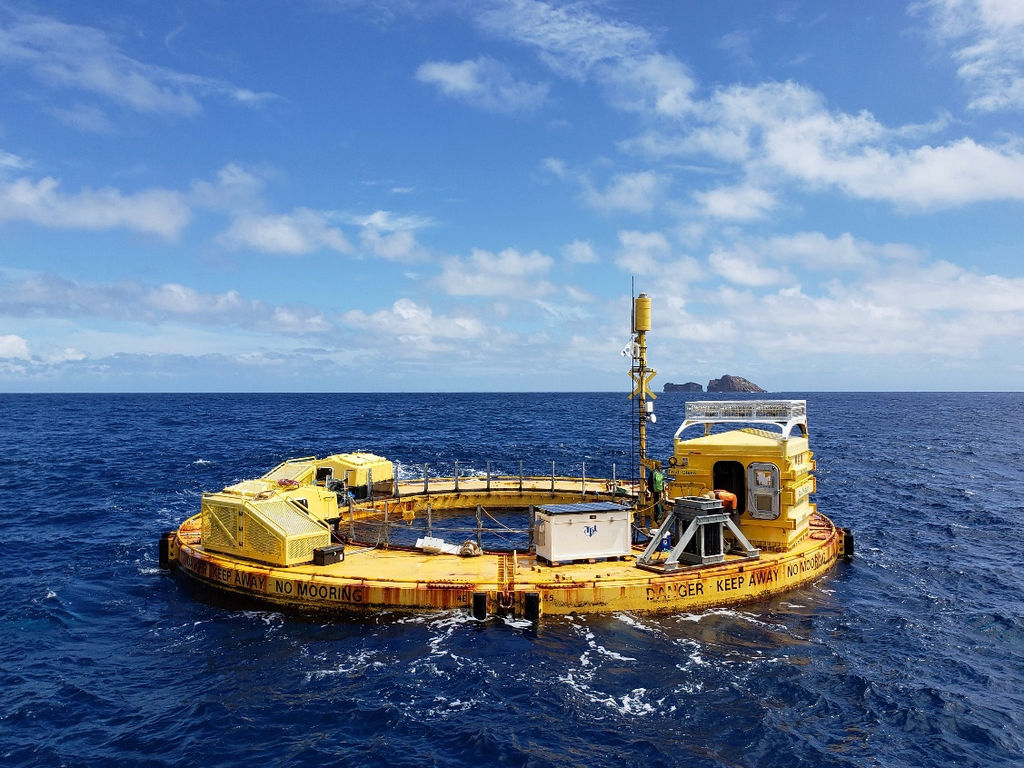 Photo showing the Fred. Olsen Lifesaver wave energy converter deployed at WETS during 2018/2019 (Courtesy of UH/Photo by Pat Cross)