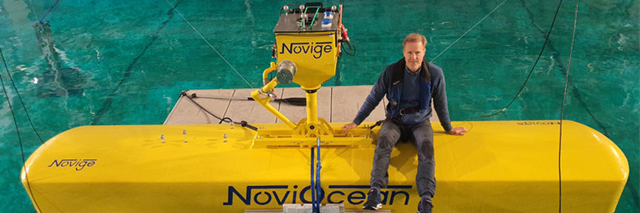 Photo showing Jan Skjoldhammer, founder and CEO of Novige, on NoviOcean test prototype (Courtesy of Novige)