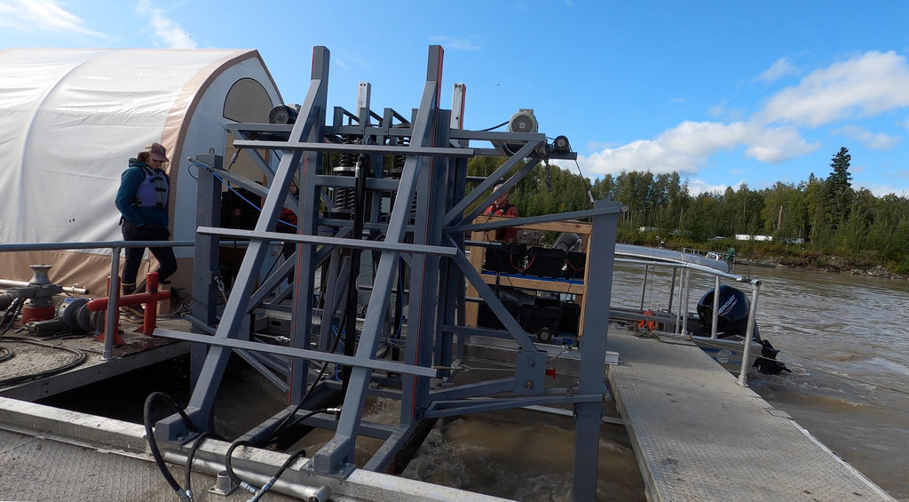 Photo showing the second iteration of Water Horse generating energy on ACEP’s test barge (Courtesy of ACEP/Photo by Amanda Byrd)