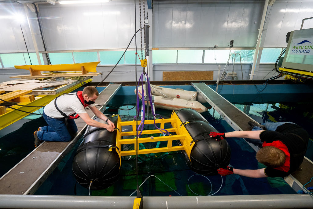 Photo showing NetBuoy during tank trials (Courtesy of Wave Energy Scotland)