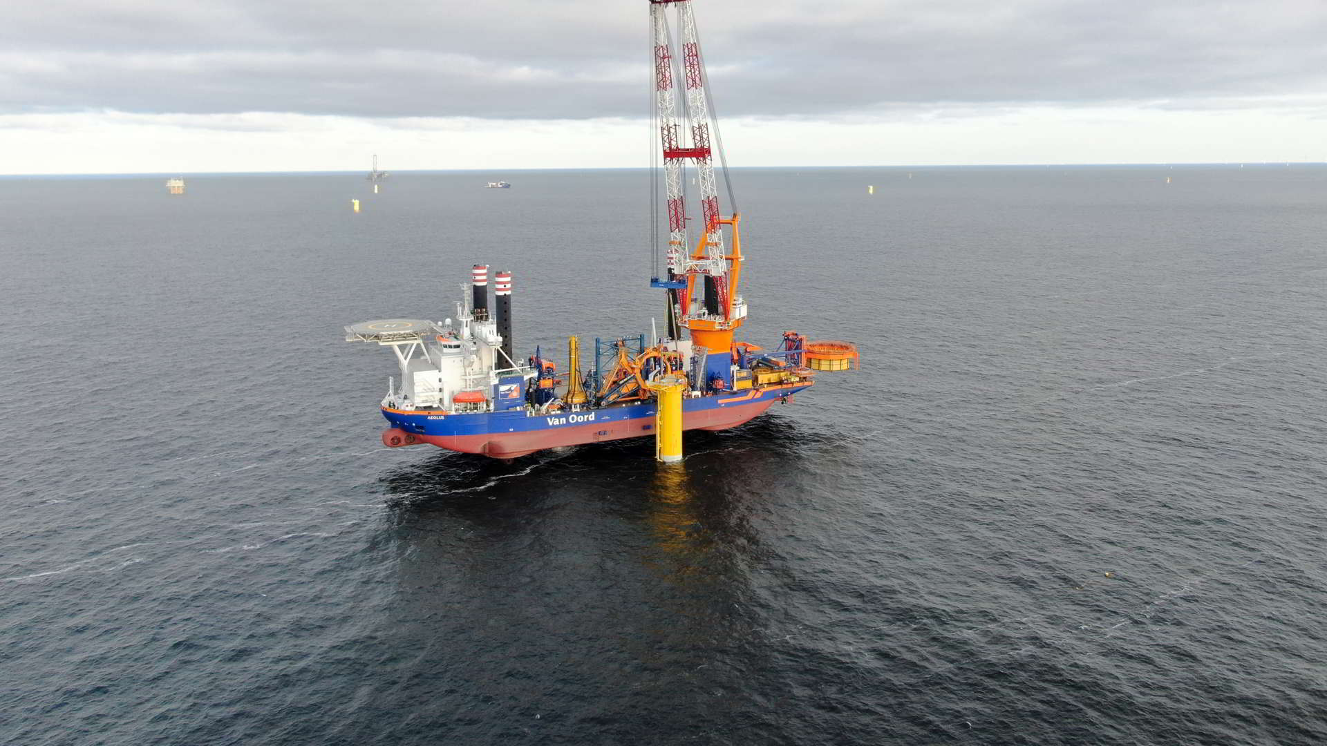 A photo of the foundation installation at the Borssele V offshore wind farm site in the Netherlands