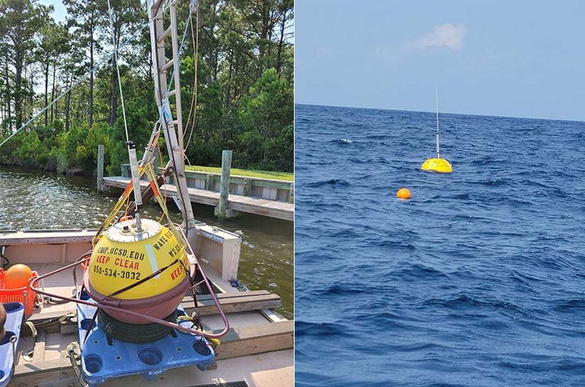 The Waverider buoy will spend 12 months off North Carolina’s coast, collecting data on ocean waves, currents, tides, and water temperatures (Photos courtesy of Mike Muglia; NREL)