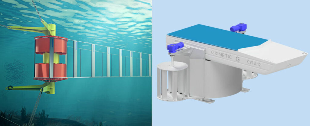 L to R: Tidal Sail’s TackReach concept; GKinetic’s 12kW turbine design (Courtesy of Tidal Sails/GKinetic Energy)