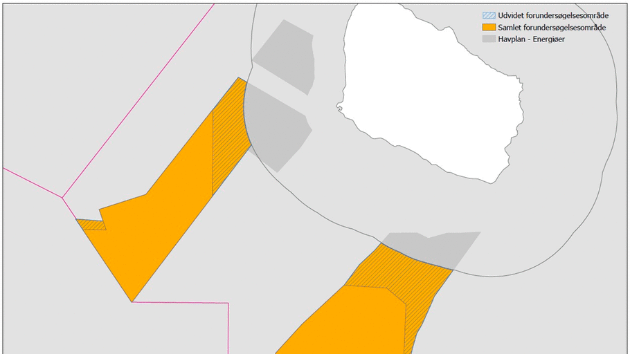 An image showing the extended feasibility study areas at Bornholm Energy Island shaded in orange areas