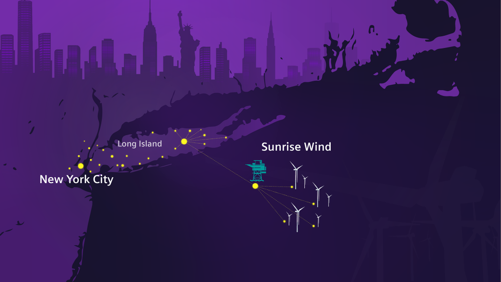 An image showing the Sunrise Wind project and its link to New York as a map