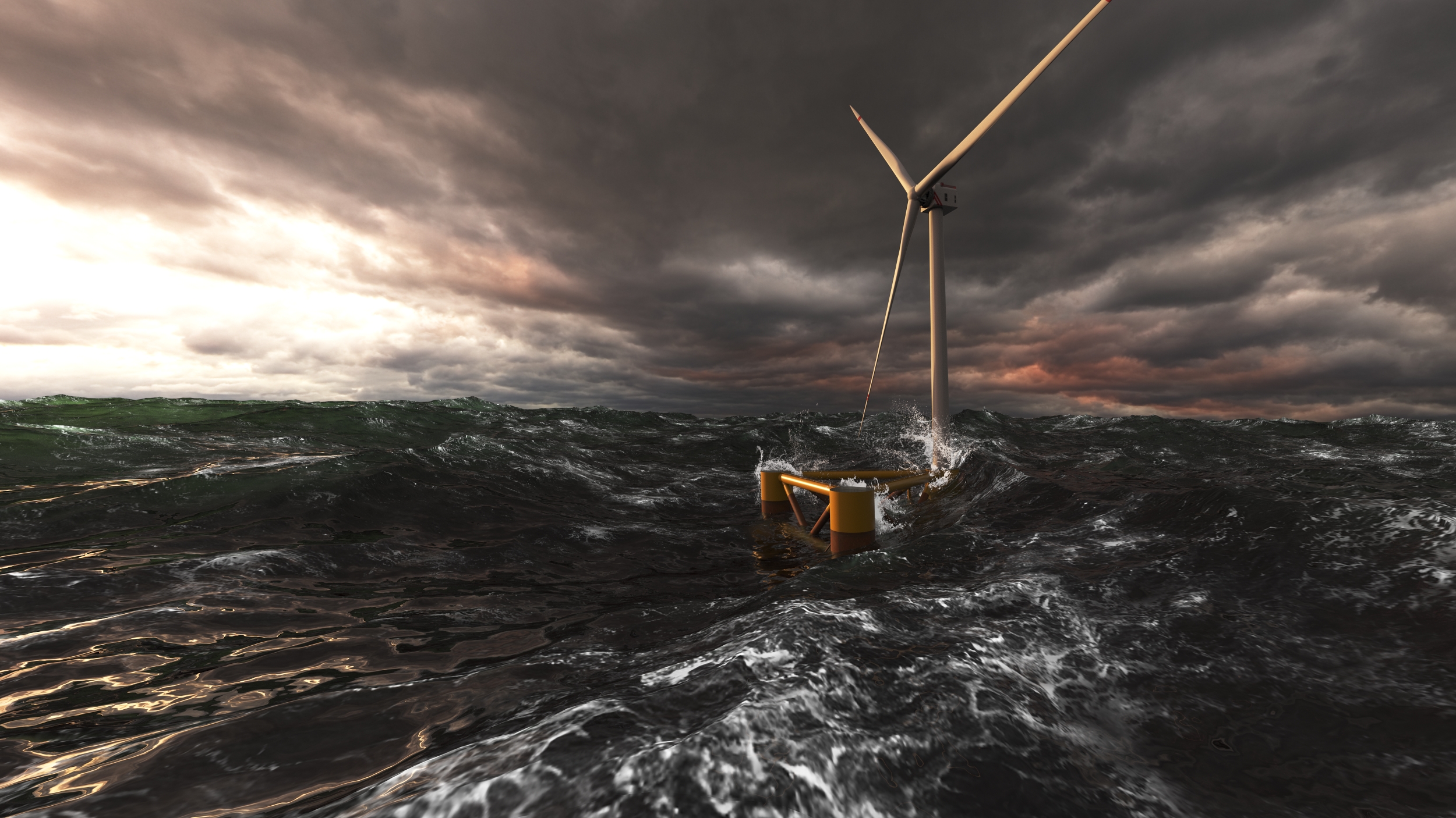 An image rendering a floating wind turbine far offshore