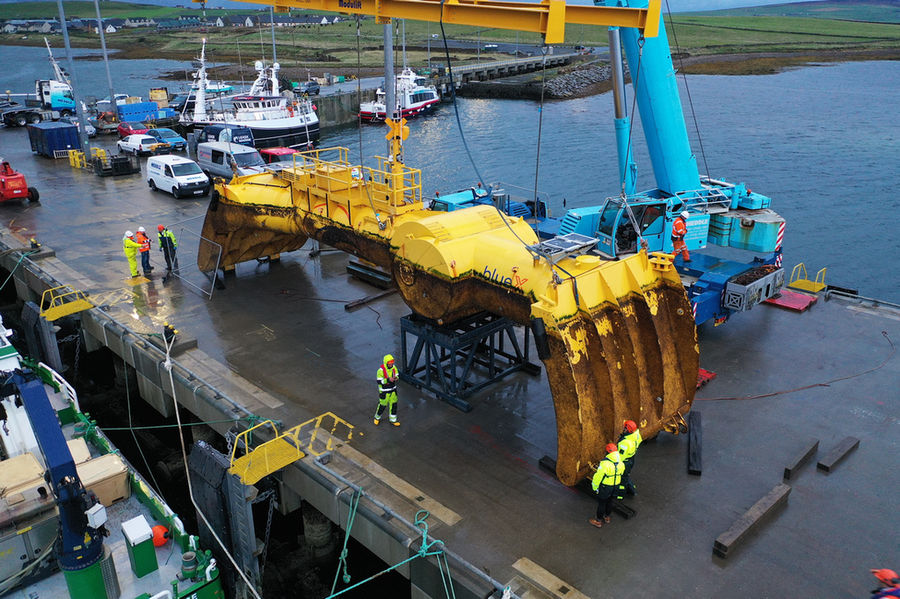 Photo showing the Blue X wave energy prototype at Hatston Pier (Courtesy of Mocean Energy)