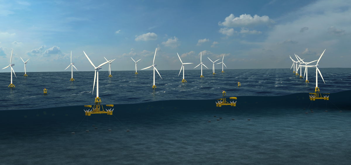 Illustration/Offshore renewable energy farm with multiple technologies (Courtesy of Marine Power Systems)