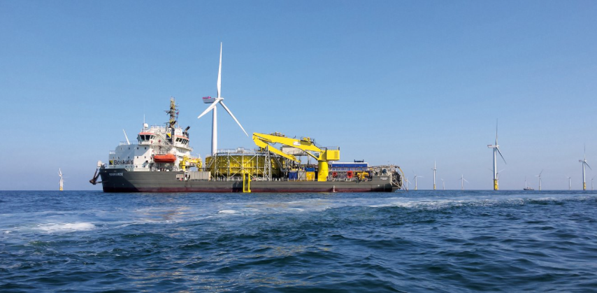 Boskalis' Ndurance cable laying vessel at an offshore wind turbine.