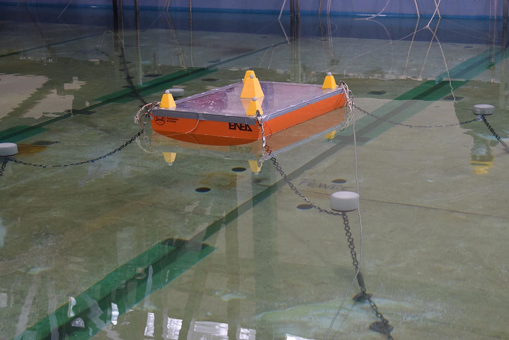 Photo showing PEWEC 2.0 wave energy device during tank trials (Courtesy of ENEA)