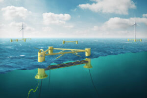 Floating mWave can be co-located or integrated with floating wind turbines (Courtesy of Bombora Wave Power)