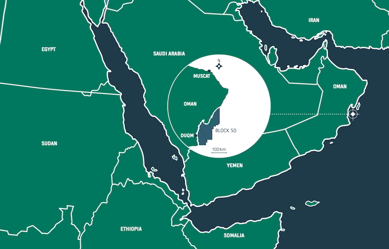 Map showing Block 50's position in East Coast Oman; Courtesy of Masirah Oil