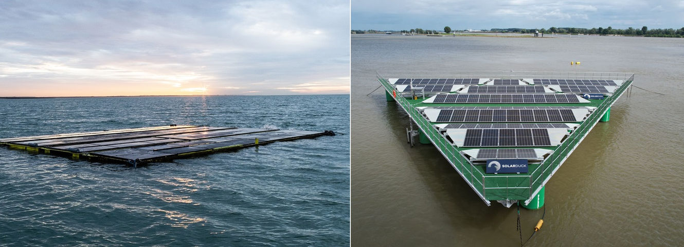 Illustration/L to R: Oceans of Solar’s and SolarDuck’s floating solar systems (Courtesy of Oceans of Solar/SolarDuck)