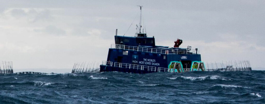 Aquaculture barge with illustration of MoorPower wave power system added (Photo courtesy of Carnegie Clean Energy/Base image Huon Aquaculture)