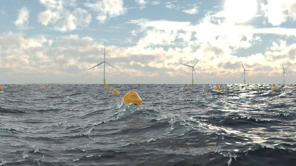 Illustration/Offshore wind farm collocated with wave energy farm (Courtesy of CorPower Ocean)