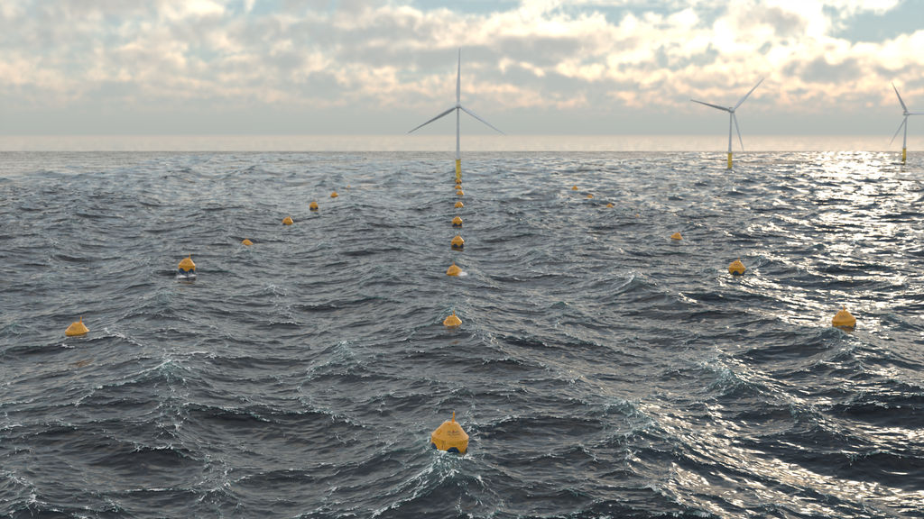 Illustration/Offshore wind farm collocated with wave energy farm (Courtesy of CorPower Ocean