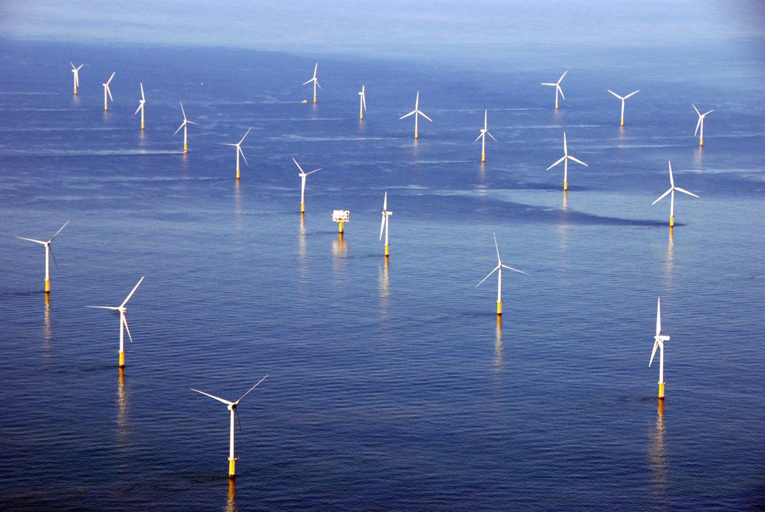 An aerial photo of the Eneco Luchterduinen offshore wind farm in the Netherlands