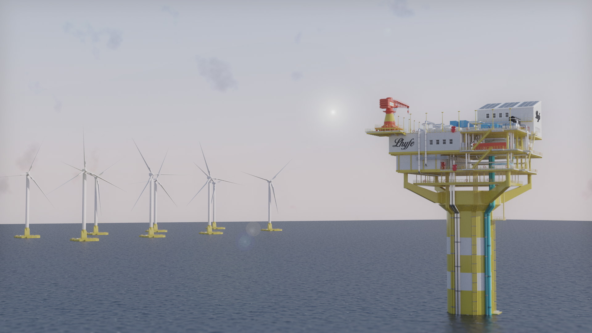 A photo render of a Lhyfe green hydrogen production platform at an offshore wind farm