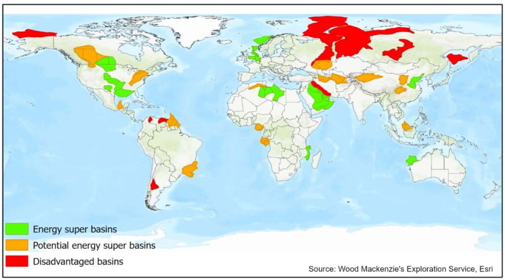 Top Energy Super Basins feature strong renewables and CCS potential. Possible Energy Super Basins offer good renewables or CCS potential, but probably not both. Disadvantaged super basins lack strong renewables and CCS potential; Courtesy of Wood Mackenzie 