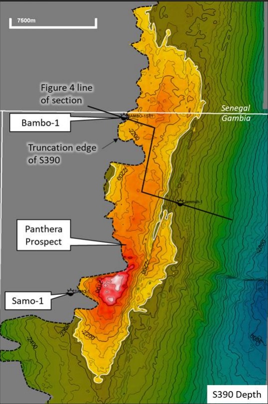Depth map of the top of the S390 primary reservoir objective in the Panthera prospect; Source: FAR