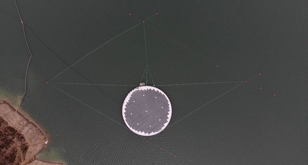 Floating solar unit at Banja reservoir, with mooring prepared for three additional rings (Courtesy of Ocean Sun)