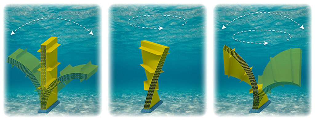 A newly patented technology domain could build large, flexible structures from individual energy converters to create more cost-effective, highly efficient tools for generating clean energy from the ocean, and beyond (Illustrations by Besiki Kazaishvili, NREL)
