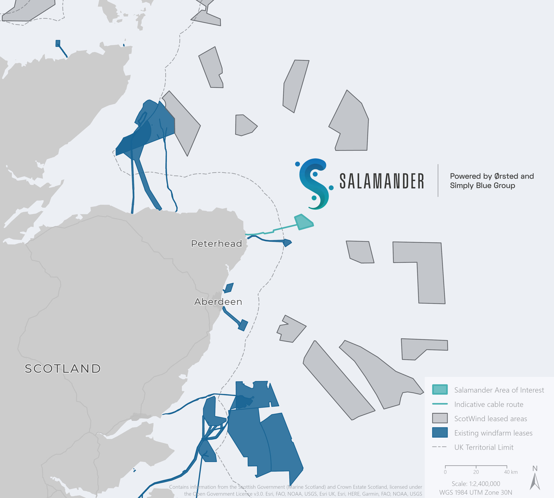 A map showing the location of the Salamander Floating Wind Farm
