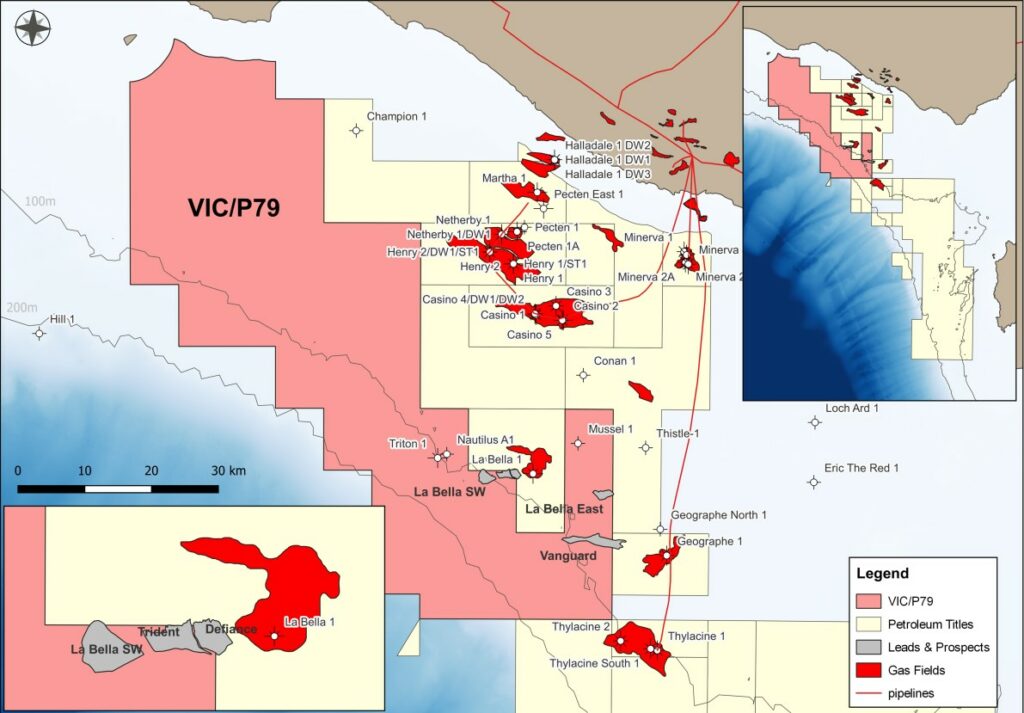 Location map of exploration permit VICP79 showing Defiance, Trident, and Vanguard leads; Source: 3D Oil