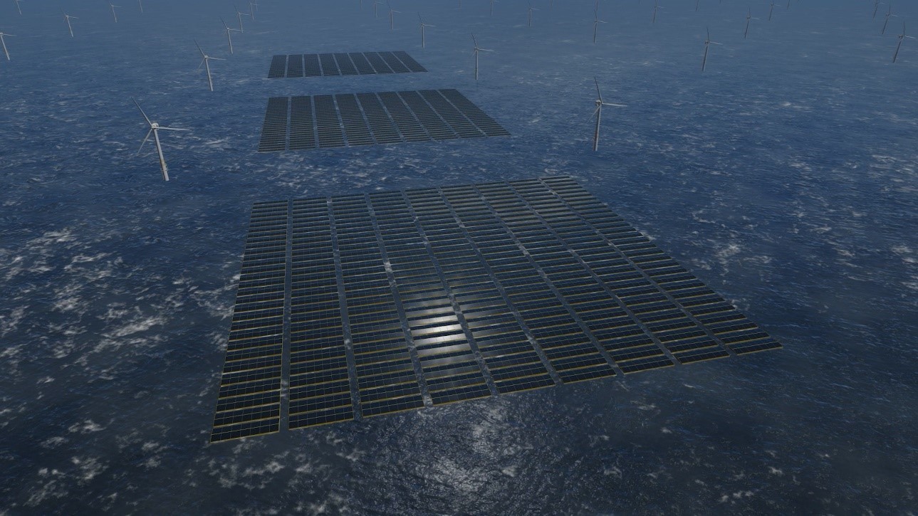 Picture showing three 150 MW offshore solar standard formats in-between offshore wind turbines. Source: Oceans of Energy