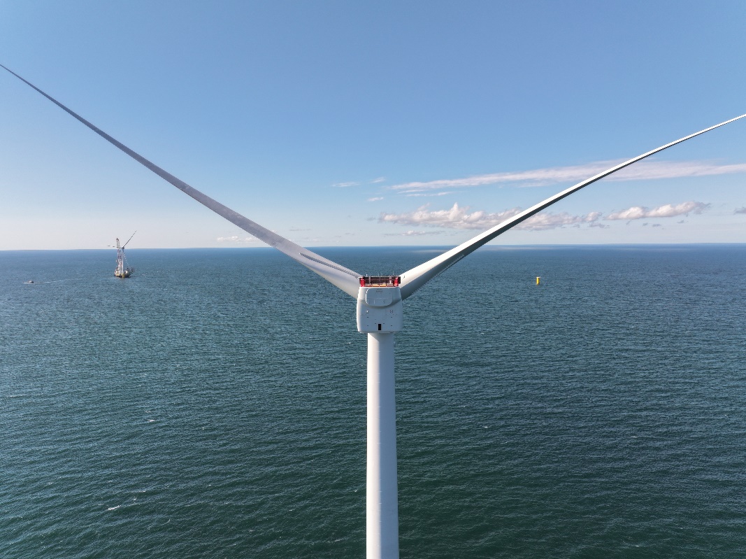 Vineyard Wind offshore wind farm in Massachusetts with one of the installed turbines close up