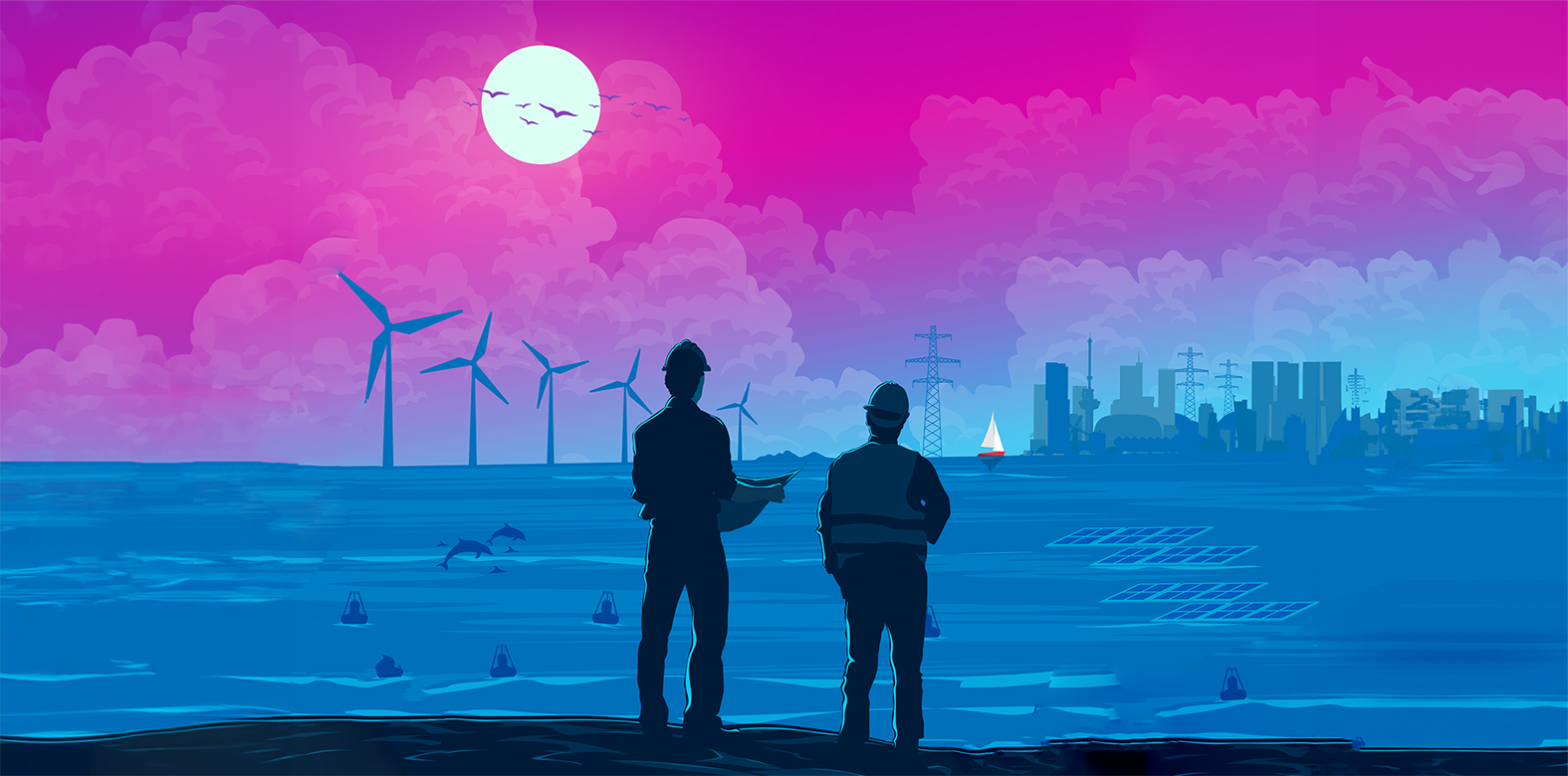 Two workers looking at the distance representing Stork’s asset management consultants that have been picked by World Class Maintenance (WCM) to perform de-risking and performance improvement activities for five offshore renewable energy innovations within the Offshore For Sure (O4S) project.